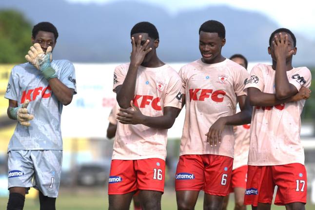 Mona High School players celebrate a Walker Cup victory over Vauxhall High after a 2-1 win in their quarterfinal match at the Drewsland Stadium in Kingston on Saturday.