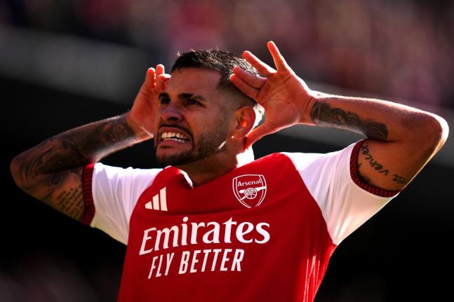 
Arsenal’s Bruno Guimaraes celebrates scoring his side’s second goal during the English Premier League football match against Leeds United in London yesterday.