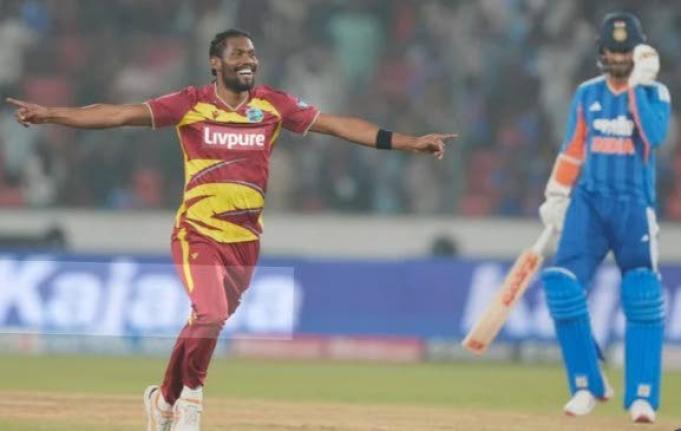 Keemo Paul celebrates one of his five wickets against India in the fourth T20I