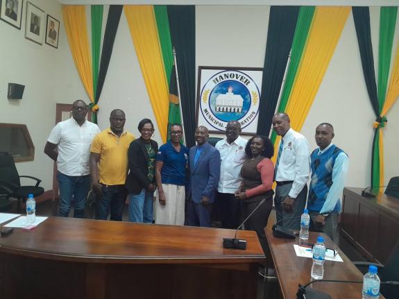 British High Commissioner Alicia Herbert (fourth left) is flocked by (from left) Councillors Brian Chambers, Darren Barnes and Andria Dehaney-Grant; Custos Lennox Jackson; Lucea Mayor Sheridan Samuels; Heatha Miller-Bennett, member of parliament for Hanove