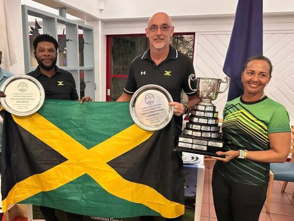 From left: Owen Samuda, Dr Mark Newnham winners of the Senior category’s Francis Steele Perkins Trophy at the CGA 4-Ball Golf Championship in the Turks and Caicos Islands recently, share their accolades with President of the Jamaica Golf Association, Jod