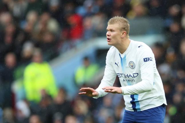 
Manchester City’s Erling Haaland reacts during the English Premier League football match against Aston Villa in Birmingham, England, yesterday.