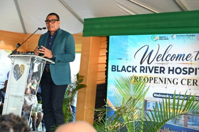 Prime Minister Dr Andrew Holness addressing the audience during the Black River Hospital Wards Reopening Ceremony on Wednesday, October 28, 2026.