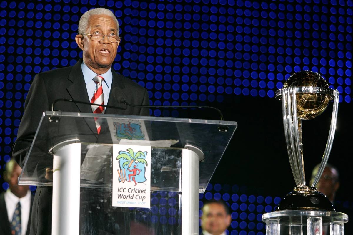 West Indies’ cricket legend Sir Garfield Sobers speaks during the opening ceremony of the ICC Cricket World Cup at Trelawny Multi-Purpose Stadium, Jamaica, on March 11, 2007. 