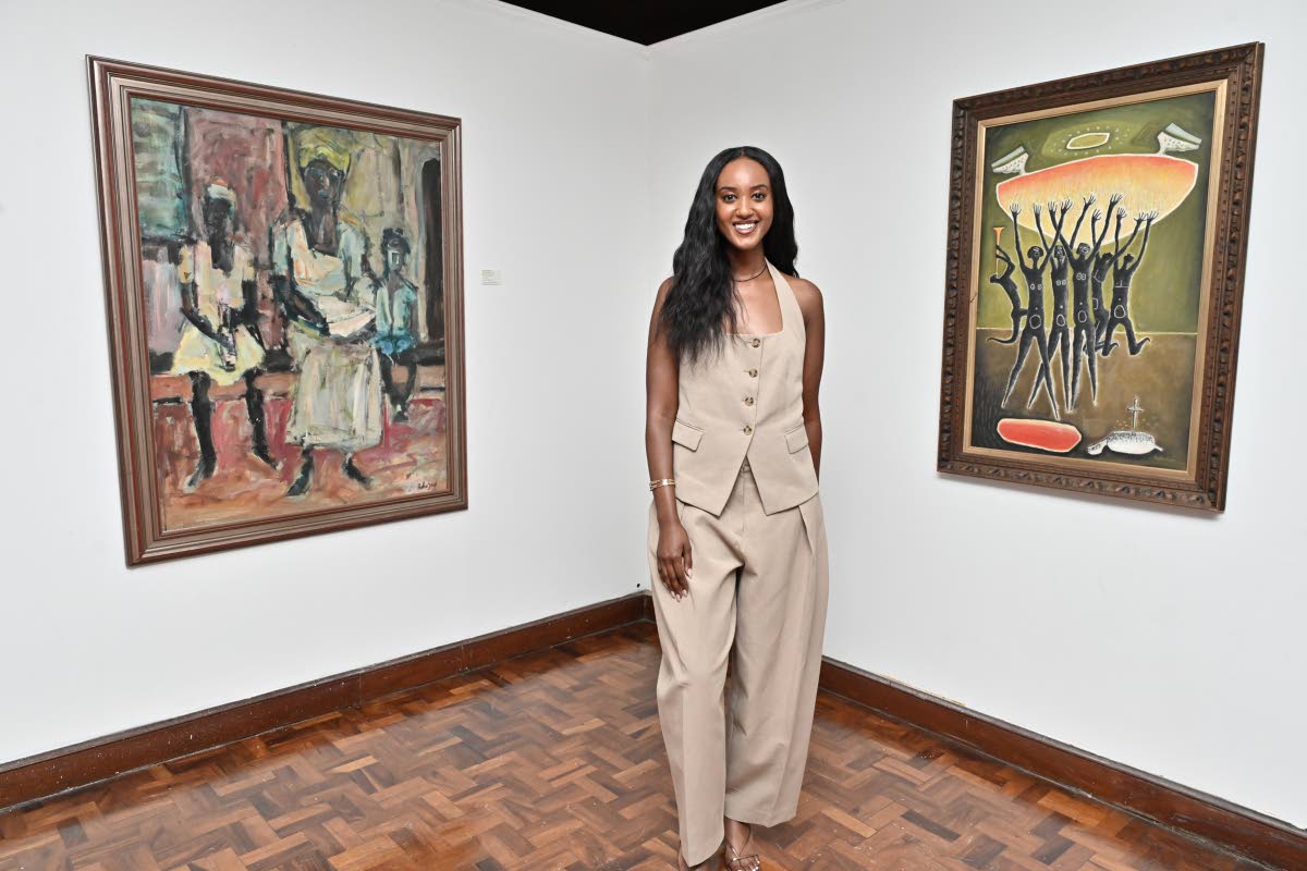 Misgana African Art founder and curator Seble Asfaw is the woman in the middle of Karl Parboosingh’s ‘Jamaican Gothic’ (1968), oil on hard board (at left) and Carl Abrahams’s ‘Hallelujah, Hallelujah, Hallelujah’ (1965), oil on hard board. 