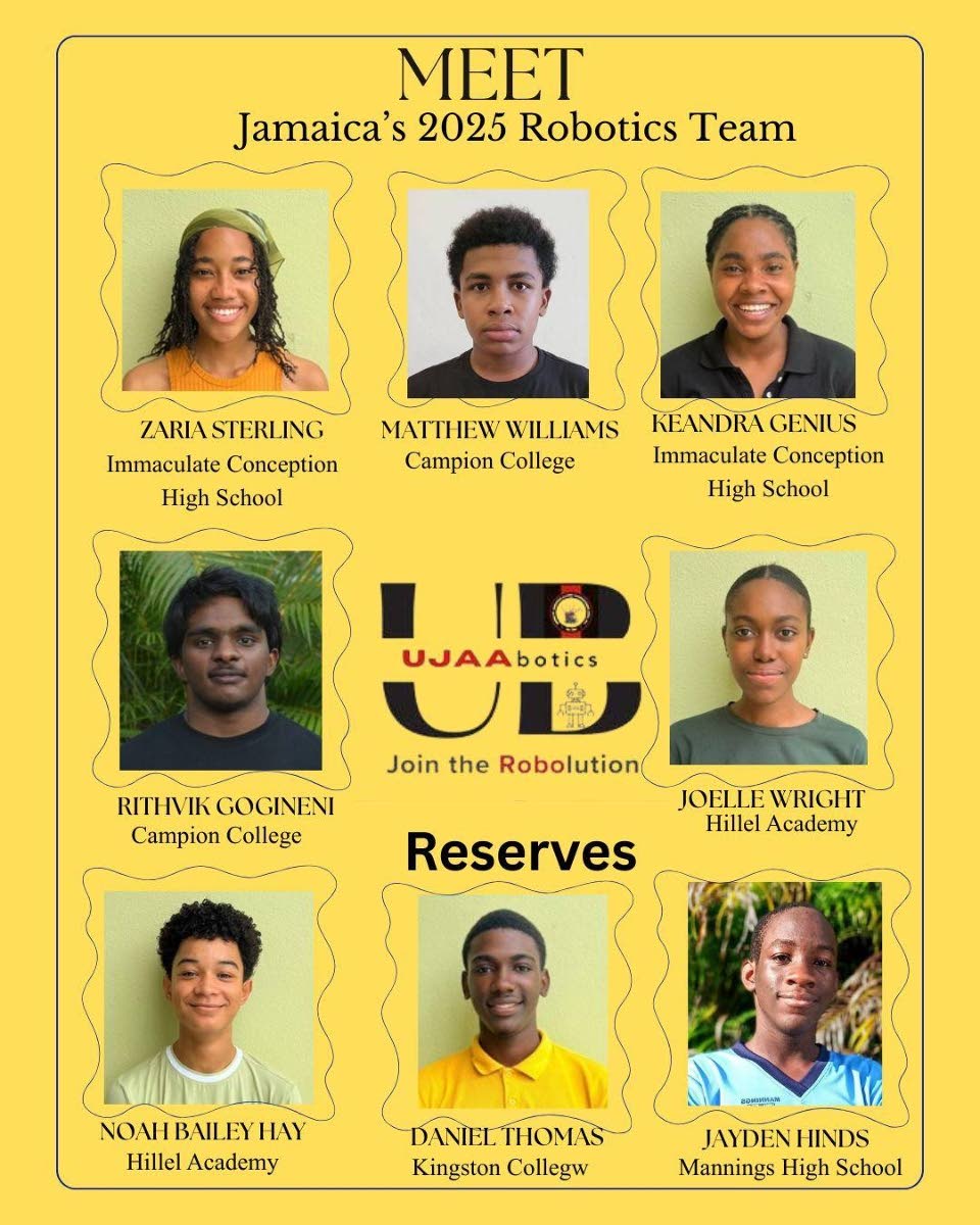 Eight members of Jamaica’s First Global robotics team.