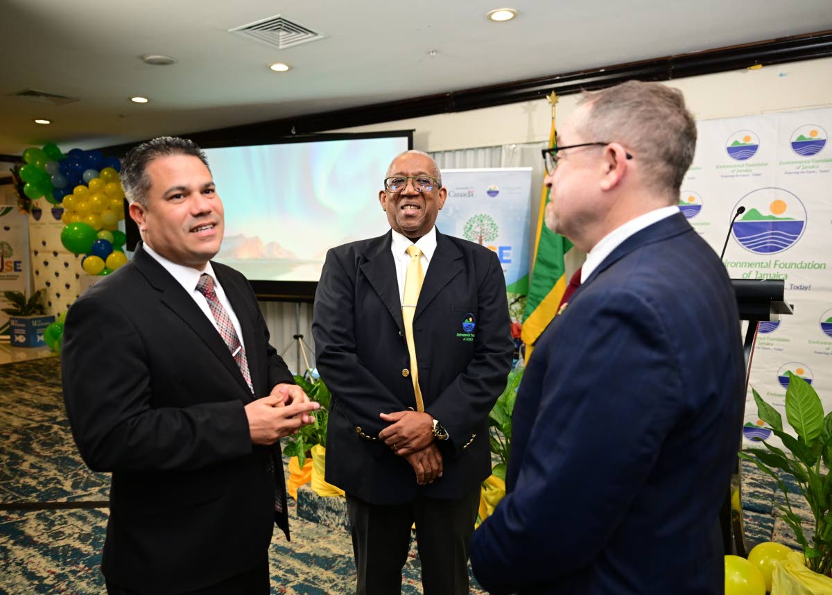Minister of water, environment and climate Change, Matthew Samuda (left), in discussion with chairman, Environmental Foundation of Jamaica, Ambassador Dale Webber (centre), and high commissioner of Canada to Jamaica, Mark Berman, during the launch of the J