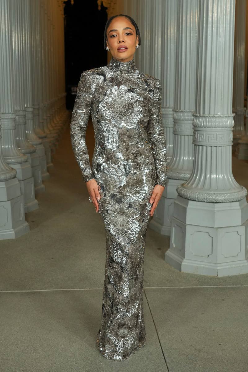 Tessa Thompson, styled by Karla Welch, makes a statement in metallic Gucci. 