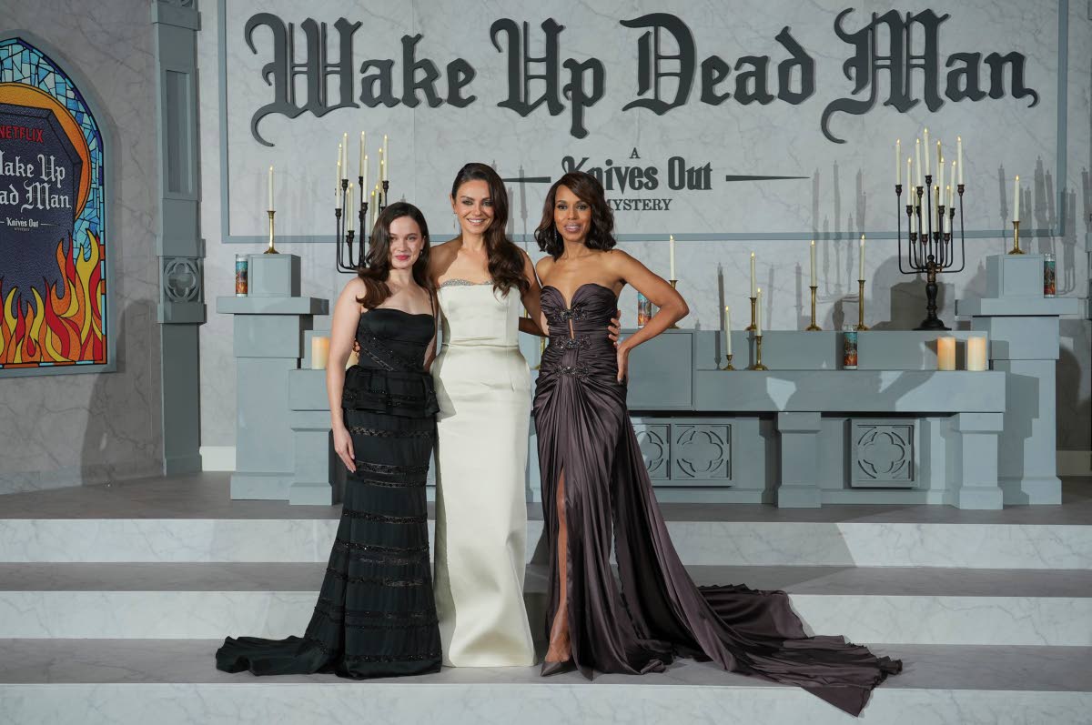 From left: Cailee Spaeny, Mila Kunis and Kerry Washington arrive at the premiere of ‘Wake Up Dead Man: A Knives Out Mystery’ on Monday, at the Academy Museum of Motion Pictures in Los Angeles.