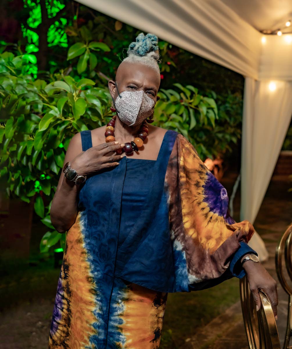 Right: A quick wardrobe change saw Professor Emerita Carolyn Cooper step out in one of her favourite Elaine Witter designs.