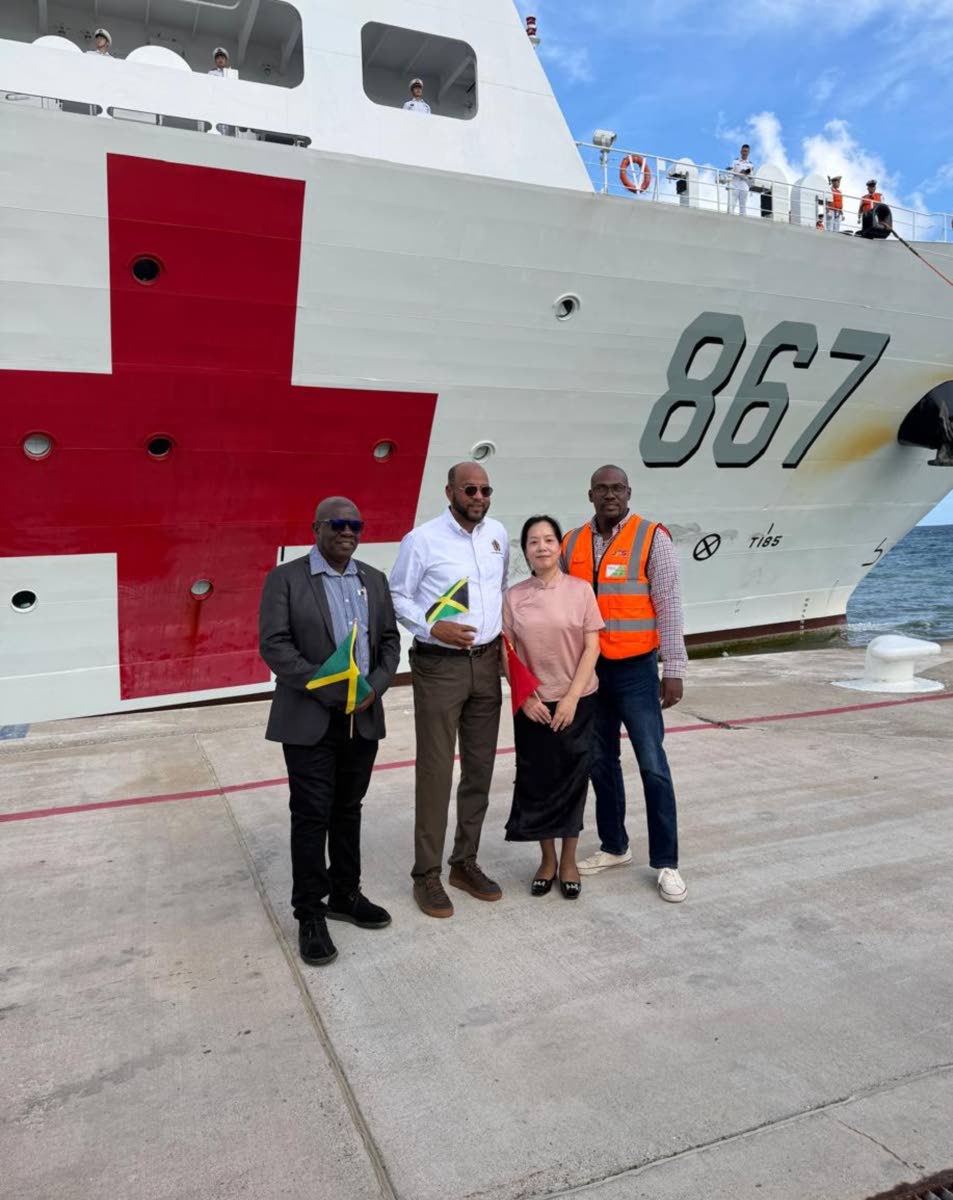 Wang Youli, Counsellor at the Embassy of the People’s Republic of China in Jamaica (second right), is pictured with Junior Gager, Mayor of Falmouth (left); Michael Belnavis, Mayor of St. Ann’s Bay (second left); and Garth Letts, Operations Manager at J