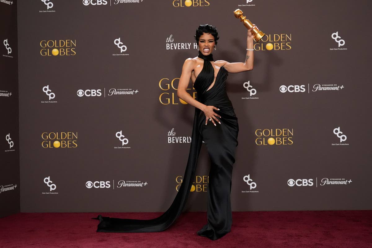 Teyana Taylor celebrates her Golden Globe Best Supporting Actress win for ‘One Battle After Another’ in a show-stopping custom Schiaparelli gown.