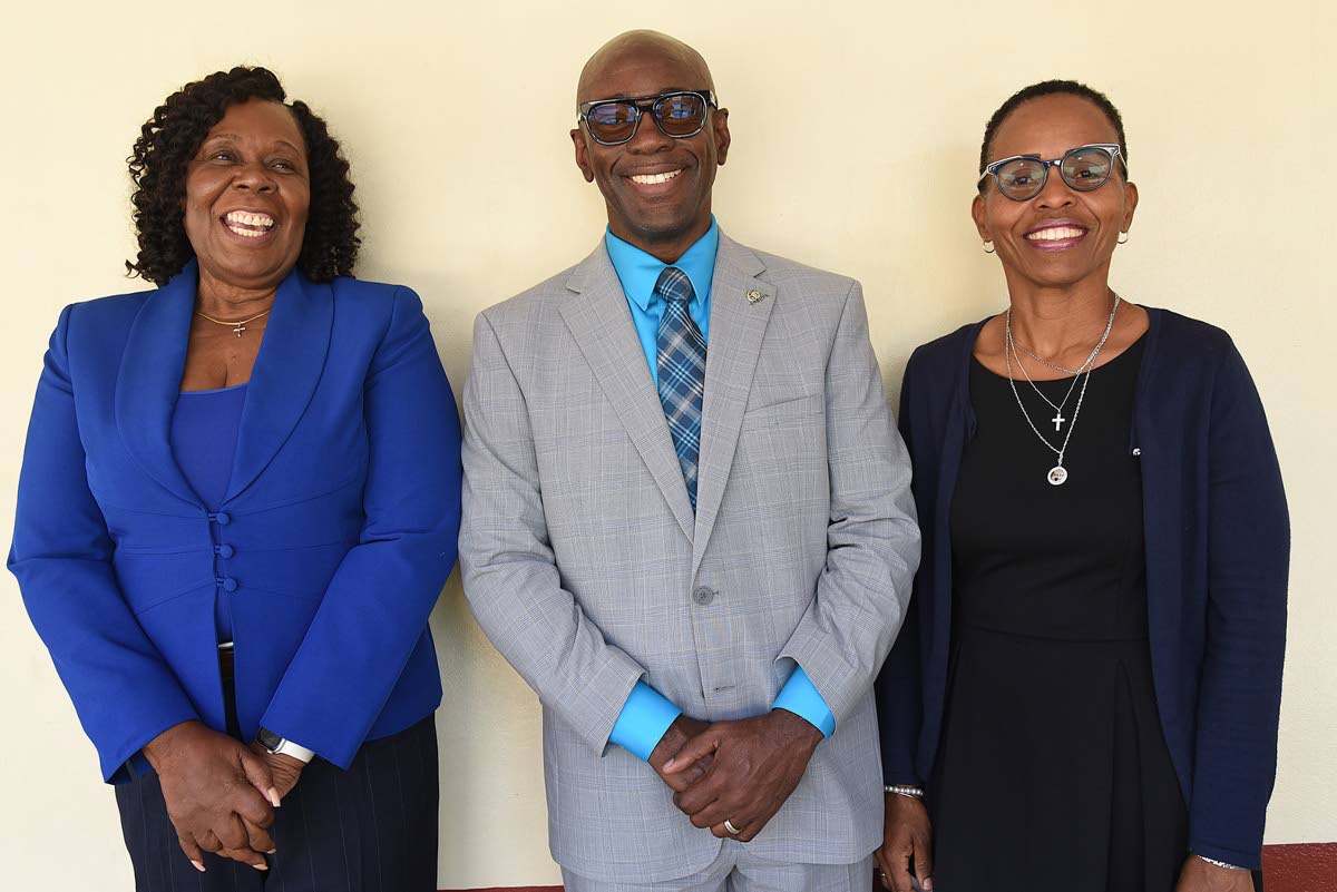 Principal of Portmore Community College, Reverend Dr Austin George Alphonso Wright (centre), is flanked by his two vice principals, Dr Andrea Nickle-Higgins (left) VP of administration and operations, and Dr Dawn Barrett-Adams, VP of academics and student 