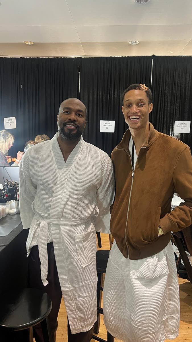 Tony Award-winning actor Yahya Abdul-Mateen II (right), who stars in the Disney+ hit series ‘Wonder Man’ and served as the narrator for last Friday’s Thom Browne show,  rubbed shoulders backstage with SAINT model Romaine Dixon.