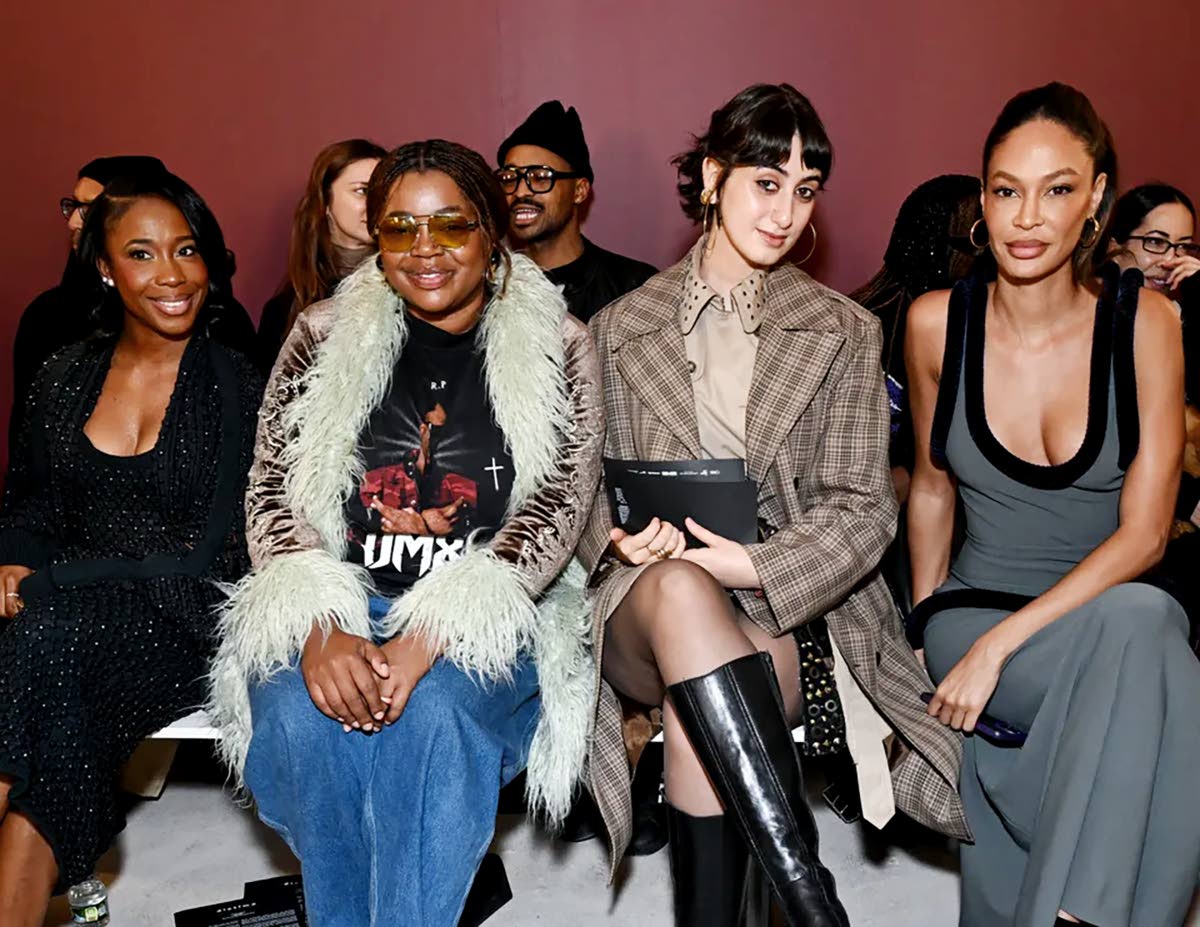 From left: Track legend Shelly-Ann Fraser-Pryce shared front-row views with influential stylist and editor Gabriella Karefa-Johnson; New York’s First Lady Rama Duwaji, wife of Mayor Zohran Mamdani; and supermodel Joan Smalls.