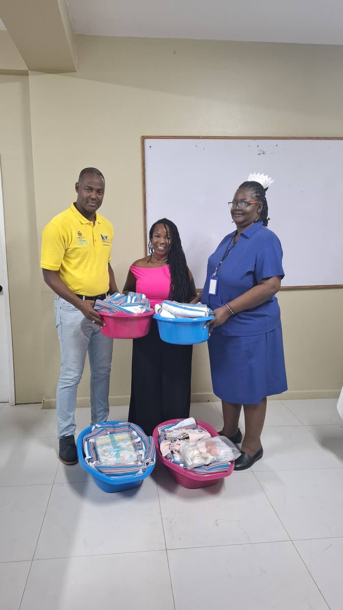 Chief Executive Officer Roan Grant (left), coordinator Vanessa Moore (centre), and Deputy Director of Nursing Services Petunia Leslie Blair during the handover of 200 receiving blankets to the maternity unit at Savanna-la-Mar Public General Hospital.