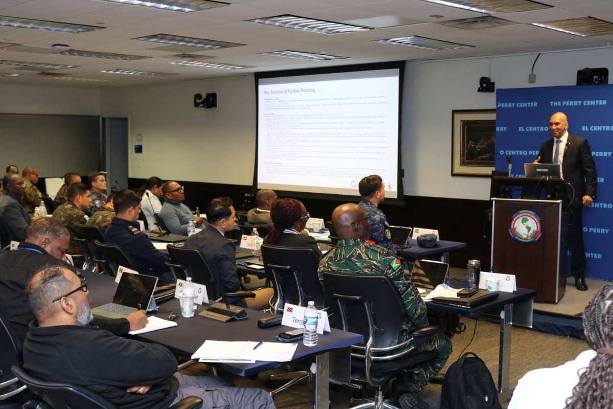Major General (Ret’d) Antony Anderson (right), Jamaica’s ambassador to the United States and permanent representative of Jamaica to the Organization of American States, addresses participants of a two-week Caribbean security and defence course at the W