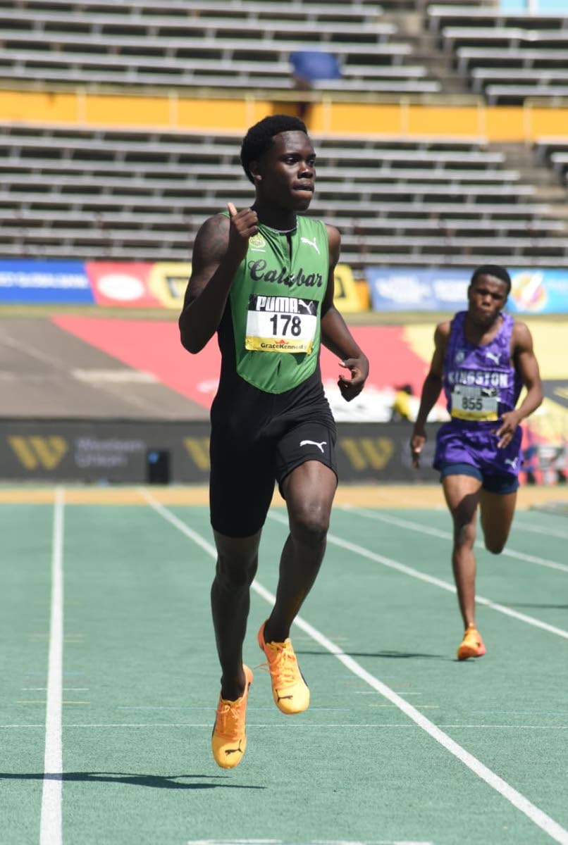 Calabar’s Diwayne Sharpe wins the Boys’ Class Two 400m semi-final at Champs 2026.