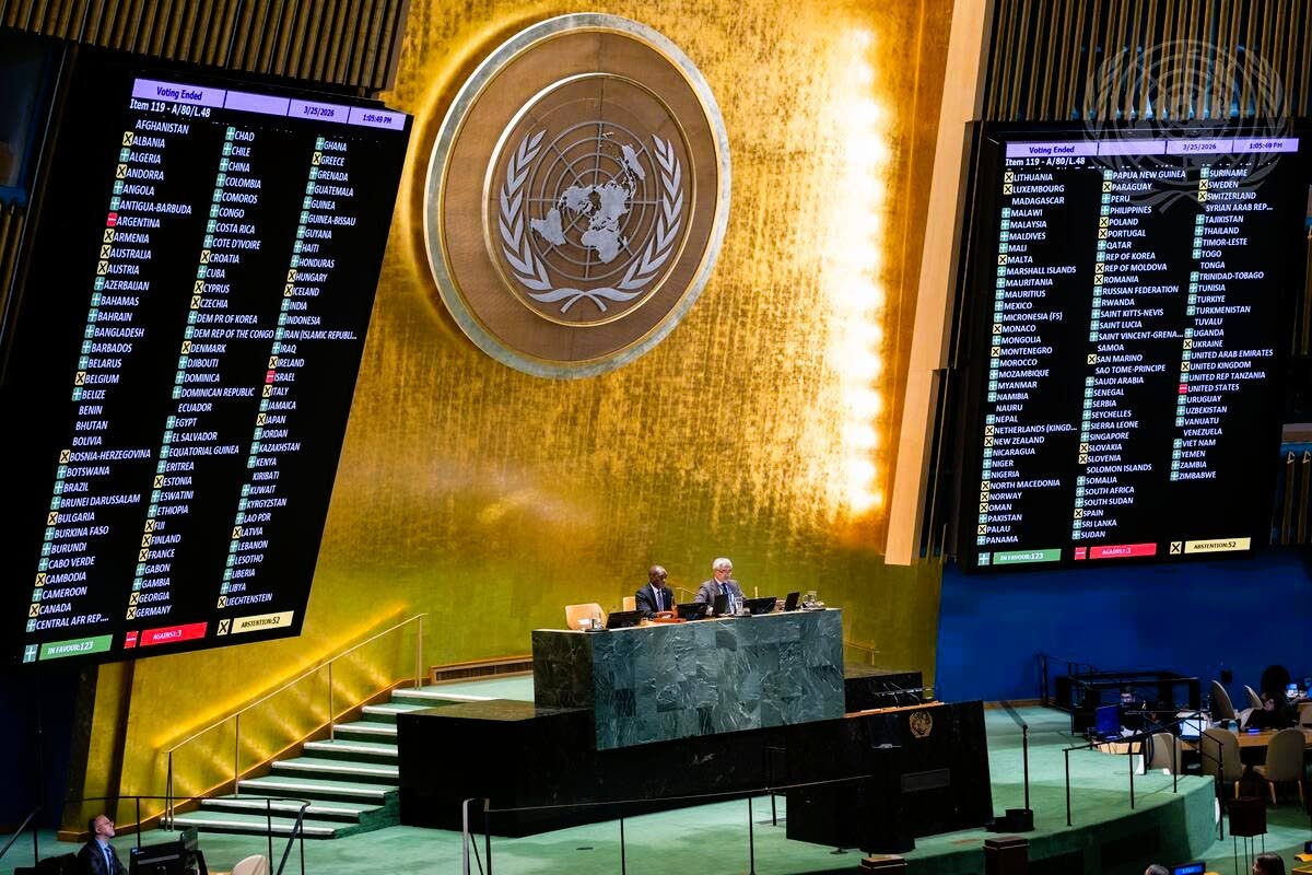 A view of the General Assembly Hall following the vote on resolution declaring the Trafficking of Enslaved Africans and the Racialised Chattel Enslavement of Africans as the Gravest Crime Against Humanity. 