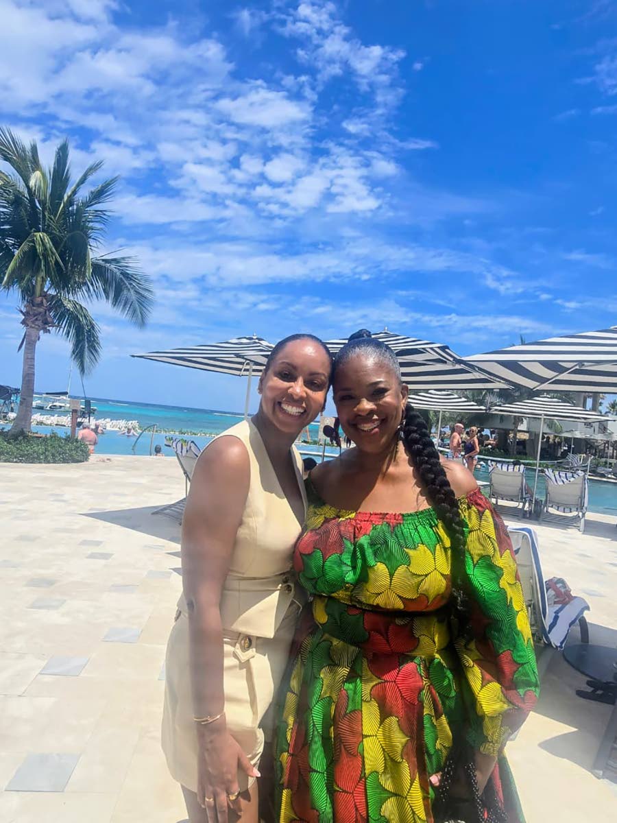 Talia Parkinson-Jones (left) and Sagicor’s Marcia Richards were all smiles as they pose for the cameras during the live broadcast of NBC’s Today with Jenna and Sheinelle at Sandal’s Dunn’s River in Ocho Rios.