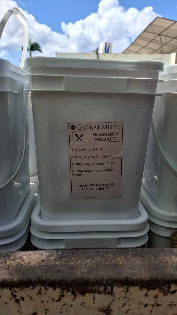 Emergency food kits provided by Global Medic, containing essential non-perishable items for distribution to vulnerable residents in Westmoreland.