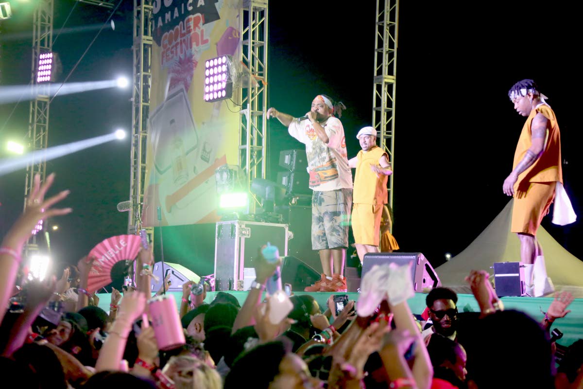 Soca artiste Machel Montano (centre) and the Monk Dancers keep the energy high at I Love Soca Jamaica on Friday morning.