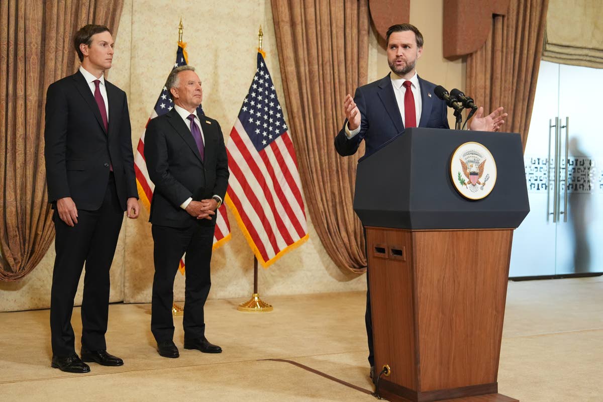 US Vice President JD Vance, right, speaks during a news conference after meeting with representatives from Pakistan and Iran as Jared Kushner, left, and Steve Witkoff, Special Envoy for Peace Missions listen, on April 12, 2026, in Islamabad, Pakistan. (AP 
