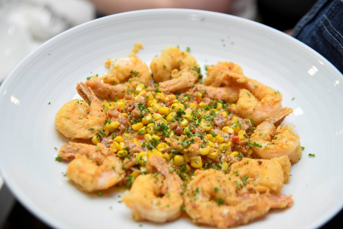 The crispy shrimp with maque choux. 