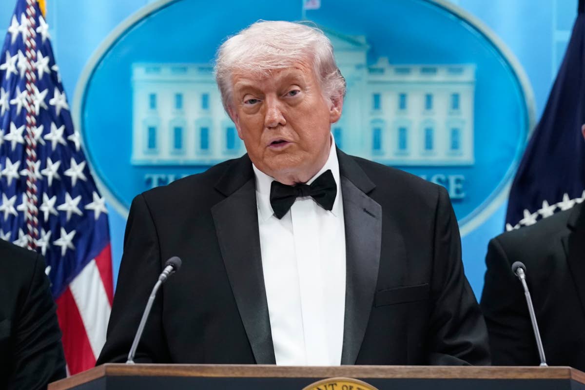 United States President Donald Trump speaks in the James Brady Press Briefing Room at the White House after an unspecified threat at the annual White House Correspondents' Association Dinner in Washington on April 25, 2026. (AP Photo/Jose Luis Magana)


