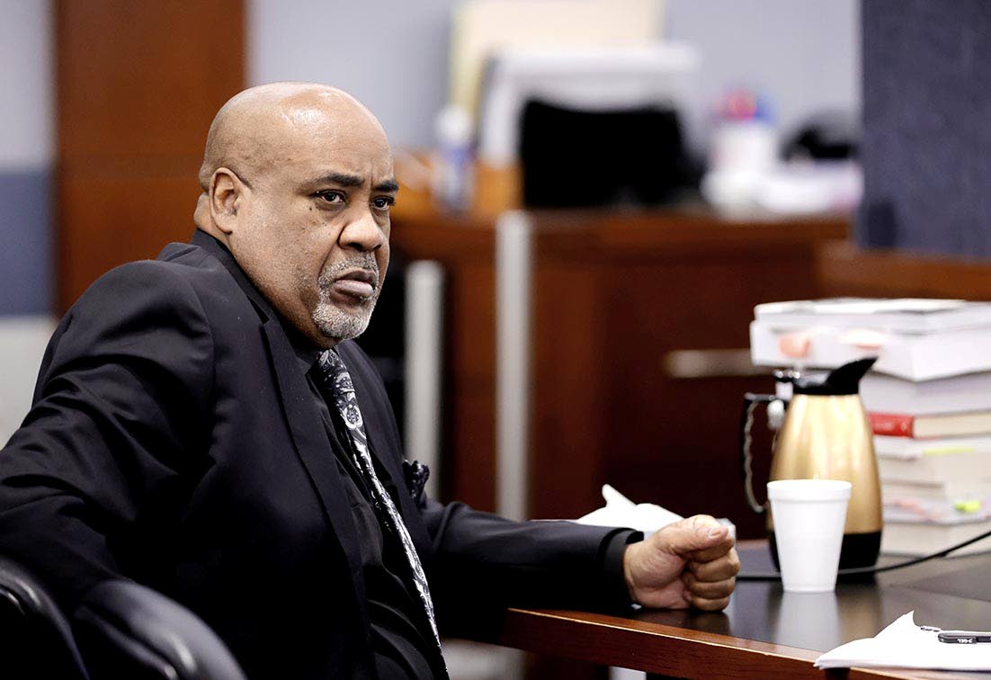 Duane ‘Keffe D’ Davis sits at the defence table during a break in closing arguments during his murder trial, related to the 1996 killing of rapper Tupac Shakur, in Clark County District Court at the Regional Justice Center in Las Vegas on Monday.