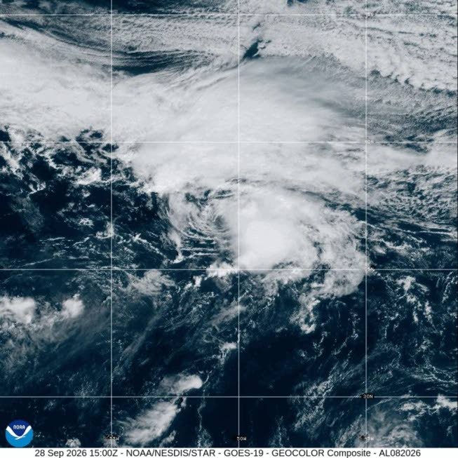 In this satellite image released by NOAA, Tropical Storm Hanna gathers in the Atlantic Ocean, Monday, September 28, 2026.