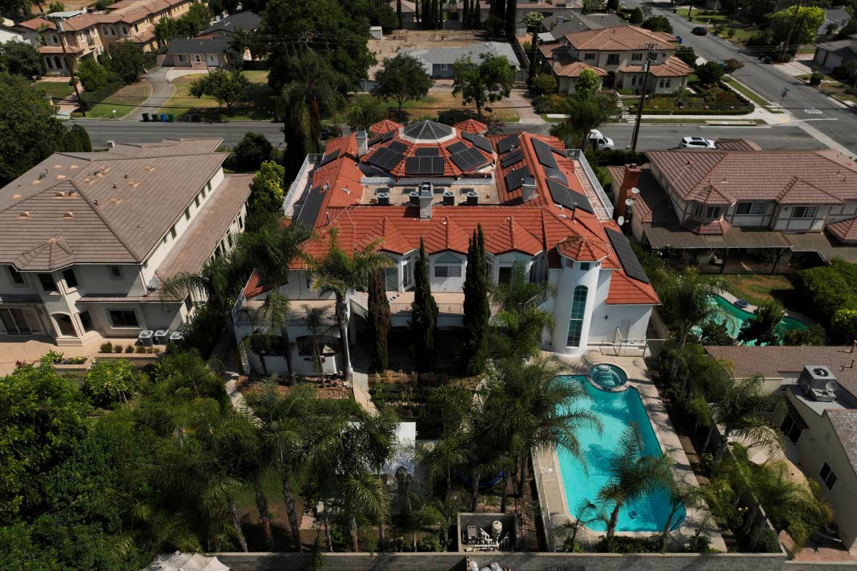 An aerial view of the home of Silvia Zhang and Guojun Xuan in Arcadia, California. 