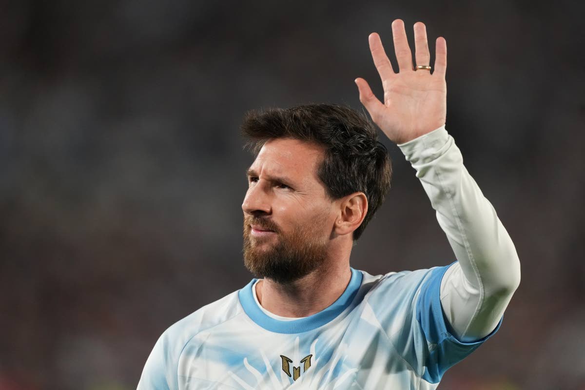Argentina's Lionel Messi waves to fans before an international friendly soccer match against Benin, marking his farewell appearance for the national team, in Buenos Aires, Argentina, on Tuesday.