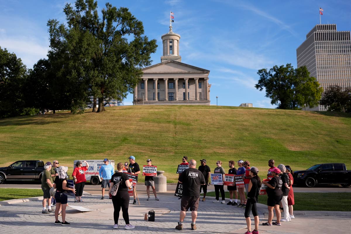 People gather at a March 4 Mercy protest against the death penalty at the Tennessee State Capitol in Nashville on September 27, 2026, ahead of the scheduled execution of Christa Pike.
