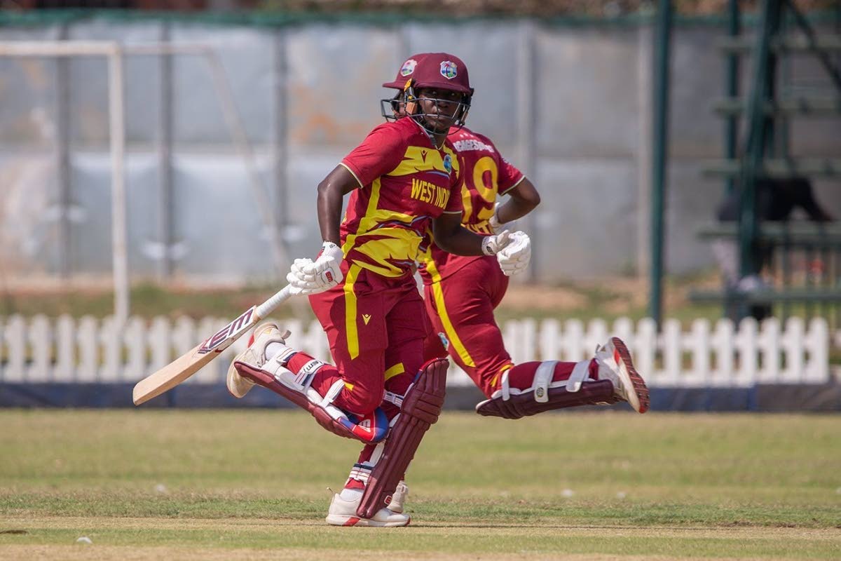 West Indies Women batters Stafanie Taylor (foreground) and Jazara Claxton go for a run during their T20I game against Zimbabwe yesterday.  