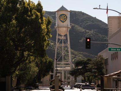 The Warner Bros water tower is seen at Warner Bros Studios in Burbank, California, Friday, December 5, 2025.