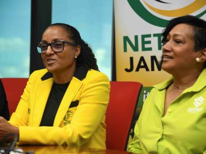 Karen Rosen-Baugh (left), president of Netball Jamaica, and Heather Goldson, chief marketing officer of the Supreme Ventures Group.