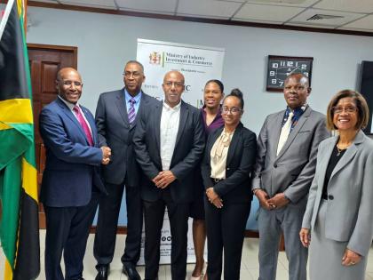From left: Senator Aubyn Hill, minister of industry, investment and commerce; Handel Lamey, construction manager, Derillion; Benjamin Daley, director, Derillion; Rochelle Lewis, manager, Manufacturing, Logistics and Special Economic Zones, JAMPRO; Shullett