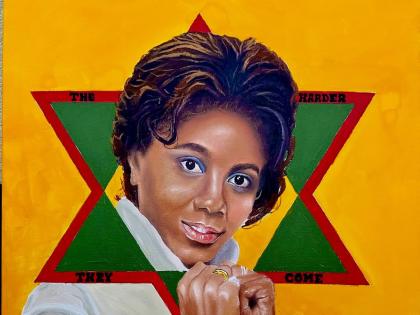Portrait of journalist, author, film-maker and cultural consultant, Barbara Blake-Hannah, which hangs in the Museum of Colour UK.