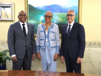 From left: Newly appointed Bank of Jamaica Governor, Dr Brian Langrin; Fayval Williams, Minister of Finance and the Public Service; and outgoing BOJ Governor Richard Byles. – Contributed photo