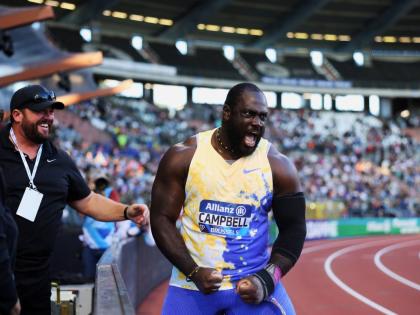 
Rajindra Campbell celebrates the 23.08-metre monster he threw to claim the Diamond League title in Brussels yesterday.