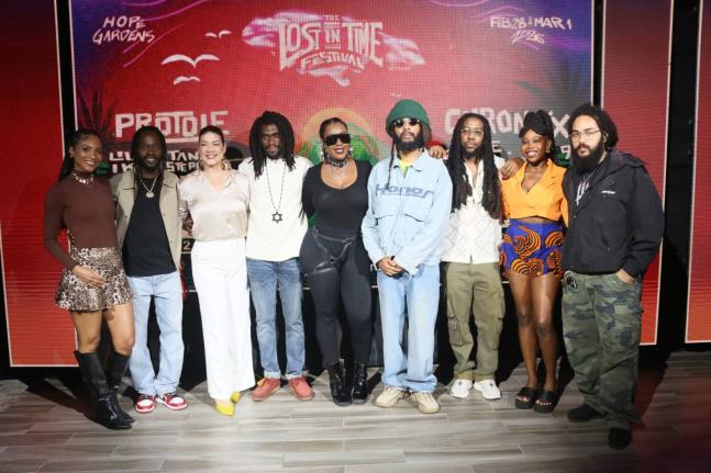 Festival conceptualiser and day-one headliner Protoje (fourth right) poses with fellow performers (from left) Naomi Cowan, Jesse Royal, Tessanne Chin, Dahvid Slur, Yeza, Royal Blu, Joby Jay, and Iotosh at the media launch of the Lost In Time Festival earli