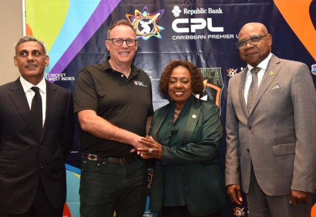 Minister of Culture, Gender, Entertainment and Sport Olivia Grange, Tourism Minister Edmund Bartlett (right), owner of Caribbean Premier League (CPL) T20 franchise, the Jamaica Kingsmen, Fawad Sarwar (left) and CPL Chief Exeecutive OFficer Pete Russell sta