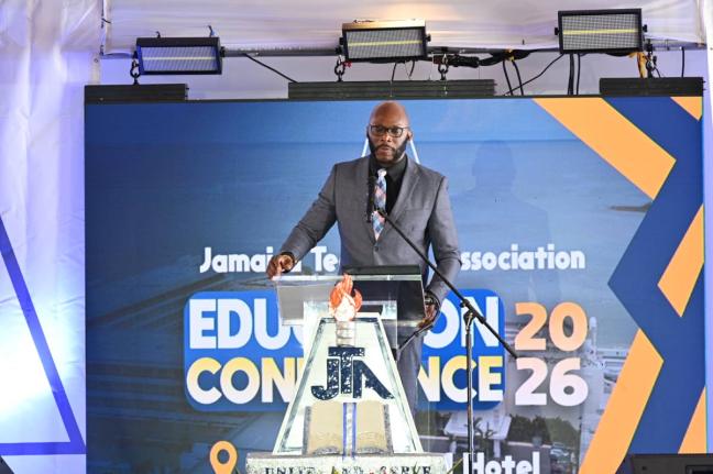Jamaica Teachers' Association [JTA] President Mark Malabver addressing the JTA's 2026 Education Conference at the Princess Grand Hotel in Hanover, on Tuesday, April 7, 2026.