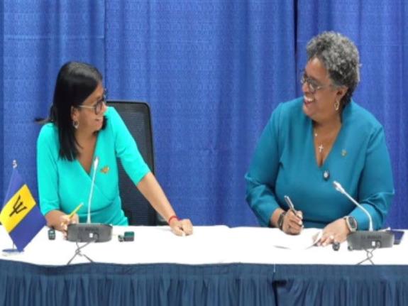 Venezuelan acting President Delcy Rodriquez (left) meeting with Barbados Prime Minister Mia Mottley on Monday (CMC Photo)